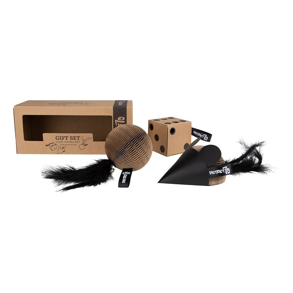Geschenkset Pappspielzeuge: Maus, Ball + Würfel gift set cardboard cat toys: mouse, glory, dice